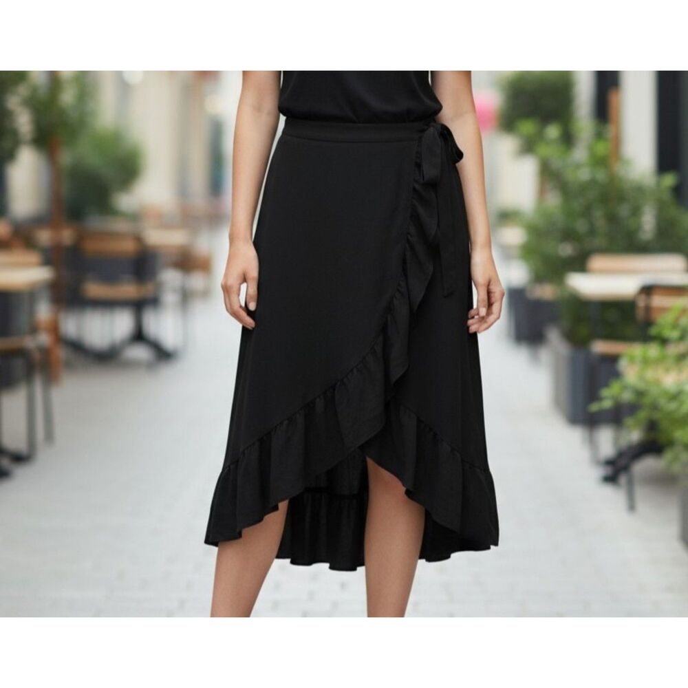 Black Ruffled 28" Waist Wrap Skirt Long Midi Length Womens Size 8 10